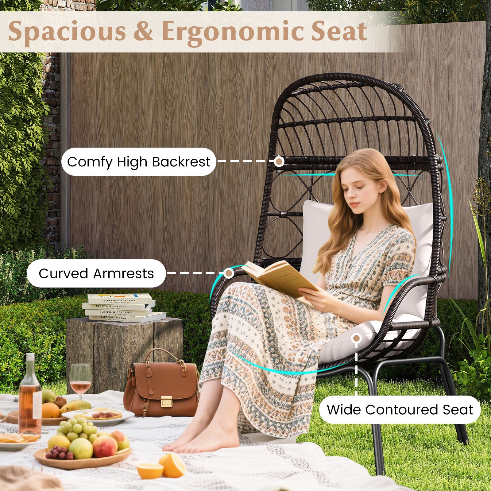 Patio Wicker Egg Chair Outdoor Rattan Lounge Basket with Seat and Back Cushions, Brown Outdoor Chaise Lounges at Gallery Canada