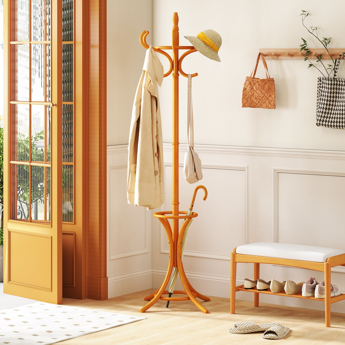 Wood Standing Hat Coat Rack With Umbrella Stand, Natural