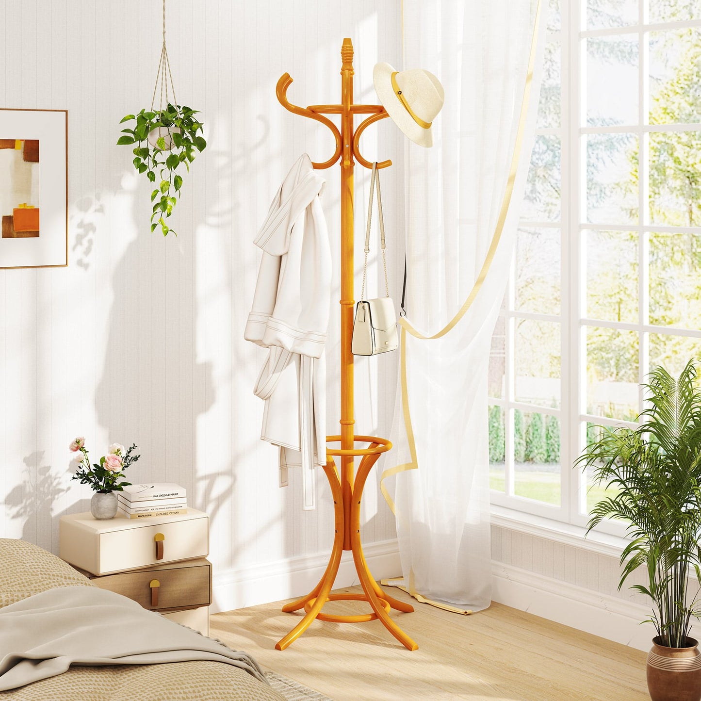 Wood Standing Hat Coat Rack With Umbrella Stand, Natural
