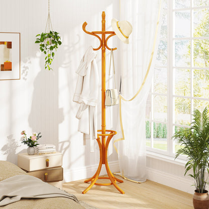 Wood Standing Hat Coat Rack With Umbrella Stand, Natural