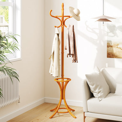 Wood Standing Hat Coat Rack With Umbrella Stand, Natural