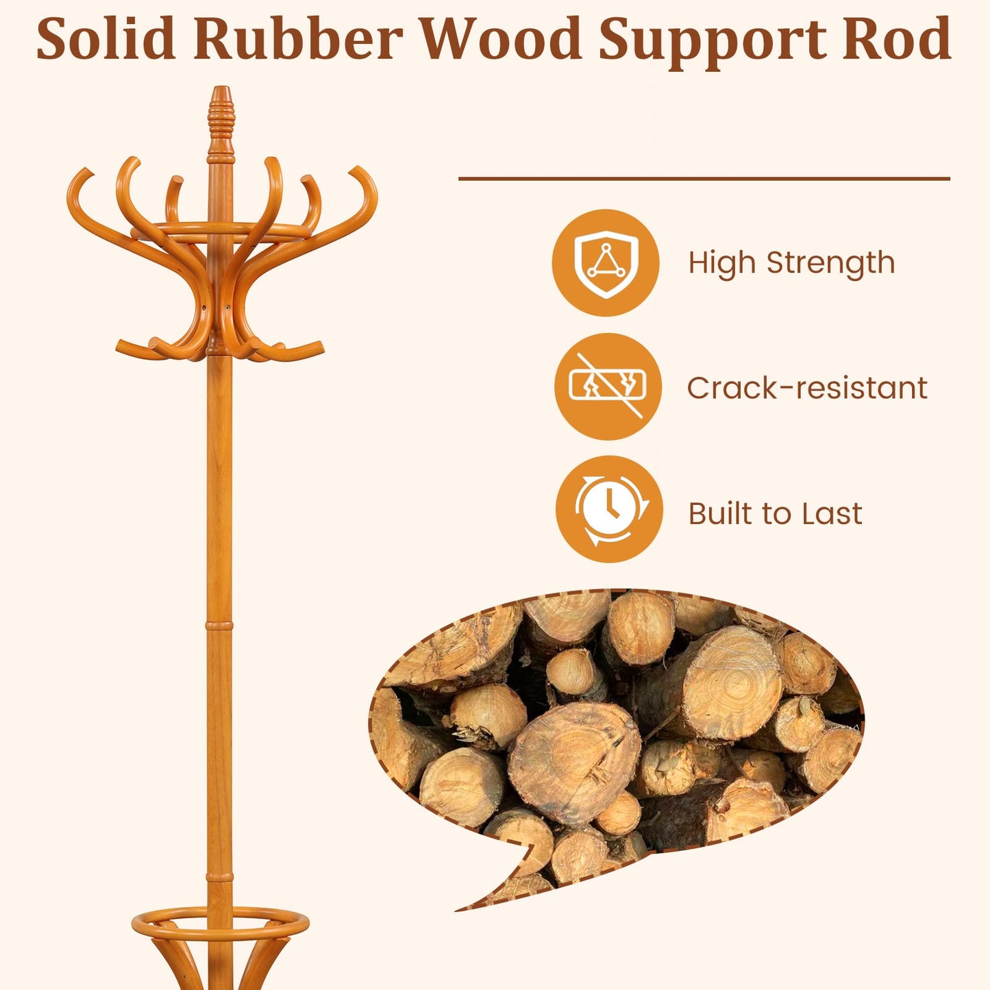 Wood Standing Hat Coat Rack With Umbrella Stand, Natural