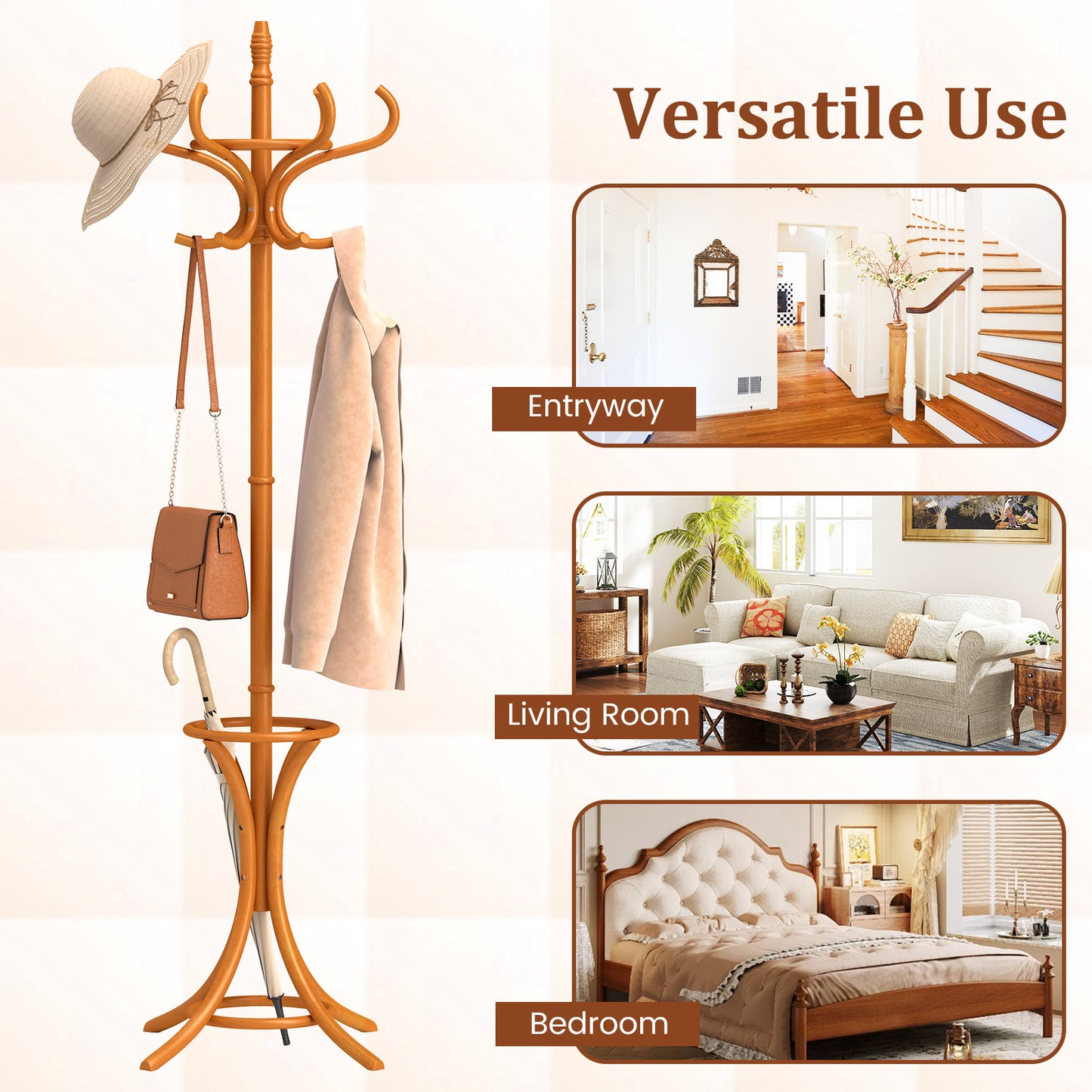 Wood Standing Hat Coat Rack With Umbrella Stand, Natural