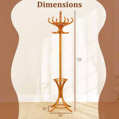 Wood Standing Hat Coat Rack With Umbrella Stand, Natural