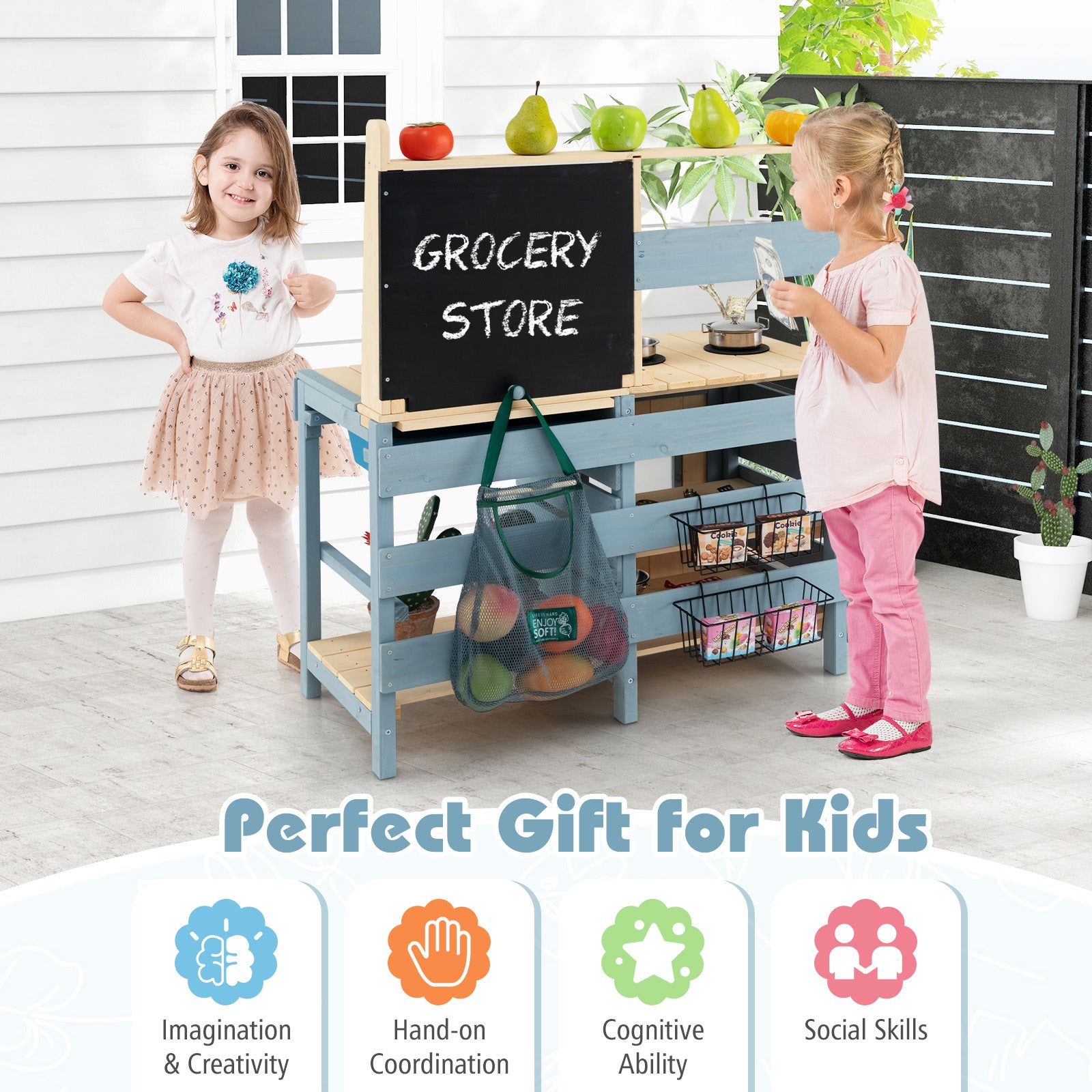 2-In-1 Outdoor Mud Kitchen with Faucet and Extra Chalkboard, Natural Play Kitchen Sets at Gallery Canada