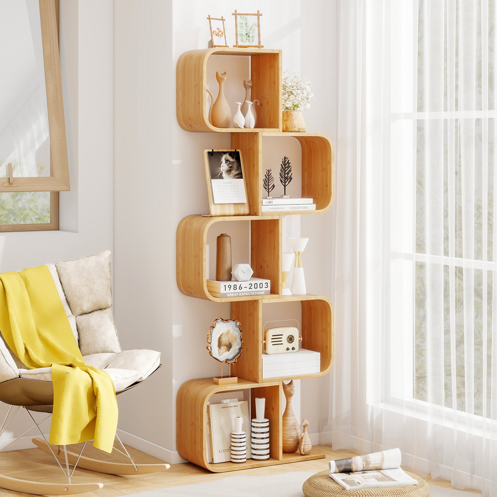 5-Tier S-Shaped Bookcase with 5 Open Cubes for Living Room, Natural Bookcases at Gallery Canada