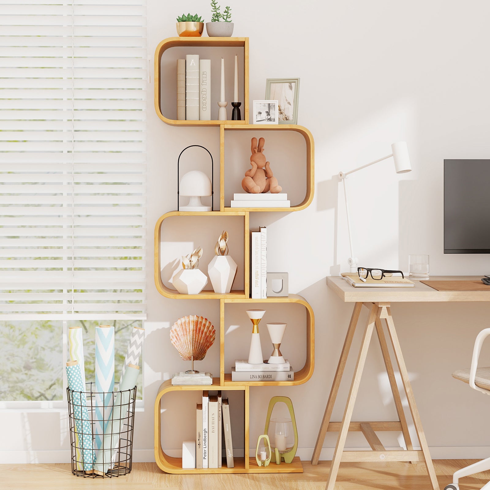 5-Tier S-Shaped Bookcase with 5 Open Cubes for Living Room, Natural Bookcases at Gallery Canada