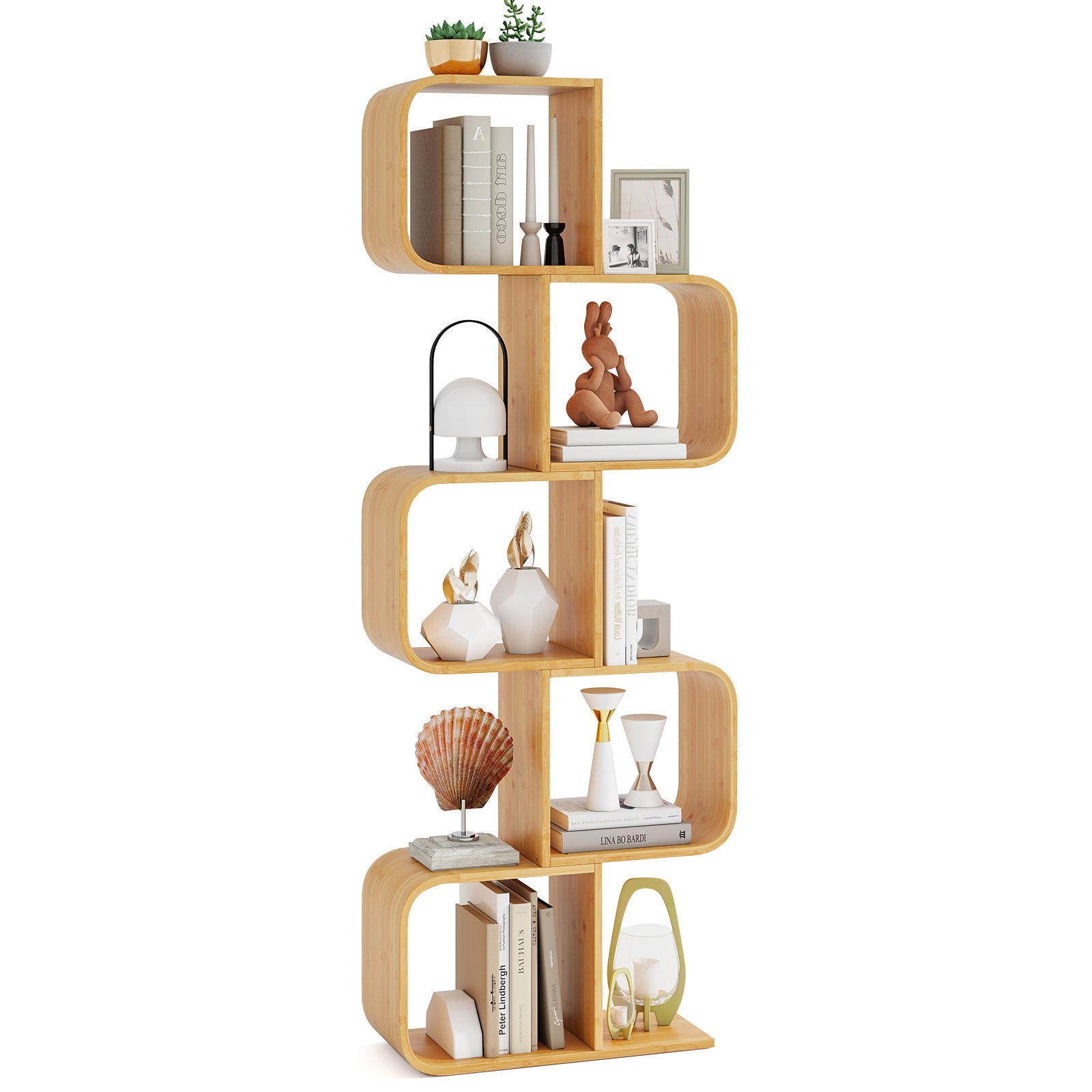 5-Tier S-Shaped Bookcase with 5 Open Cubes for Living Room, Natural Bookcases at Gallery Canada