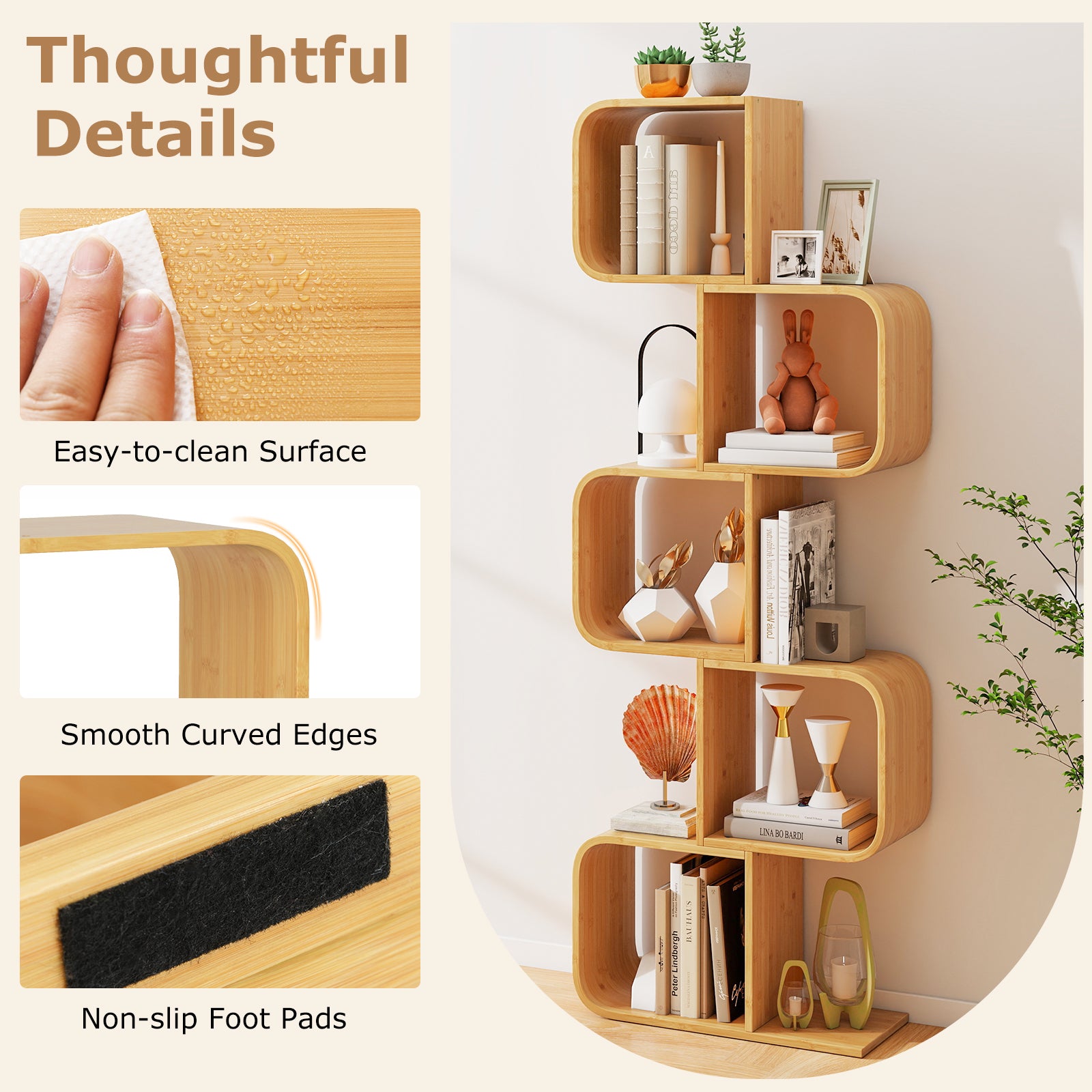 5-Tier S-Shaped Bookcase with 5 Open Cubes for Living Room, Natural Bookcases at Gallery Canada