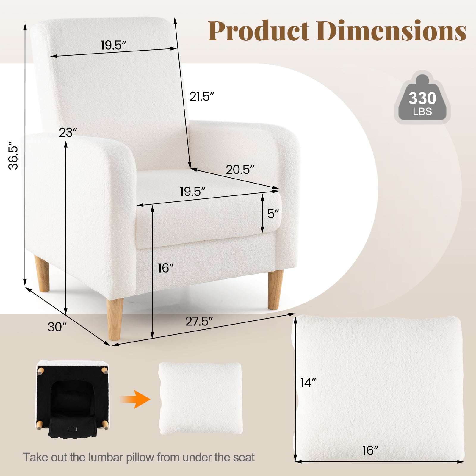 Modern Upholstered Sofa chair with Lumbar Pillow and Teddy Fleece Cover, White Accent Chairs at Gallery Canada