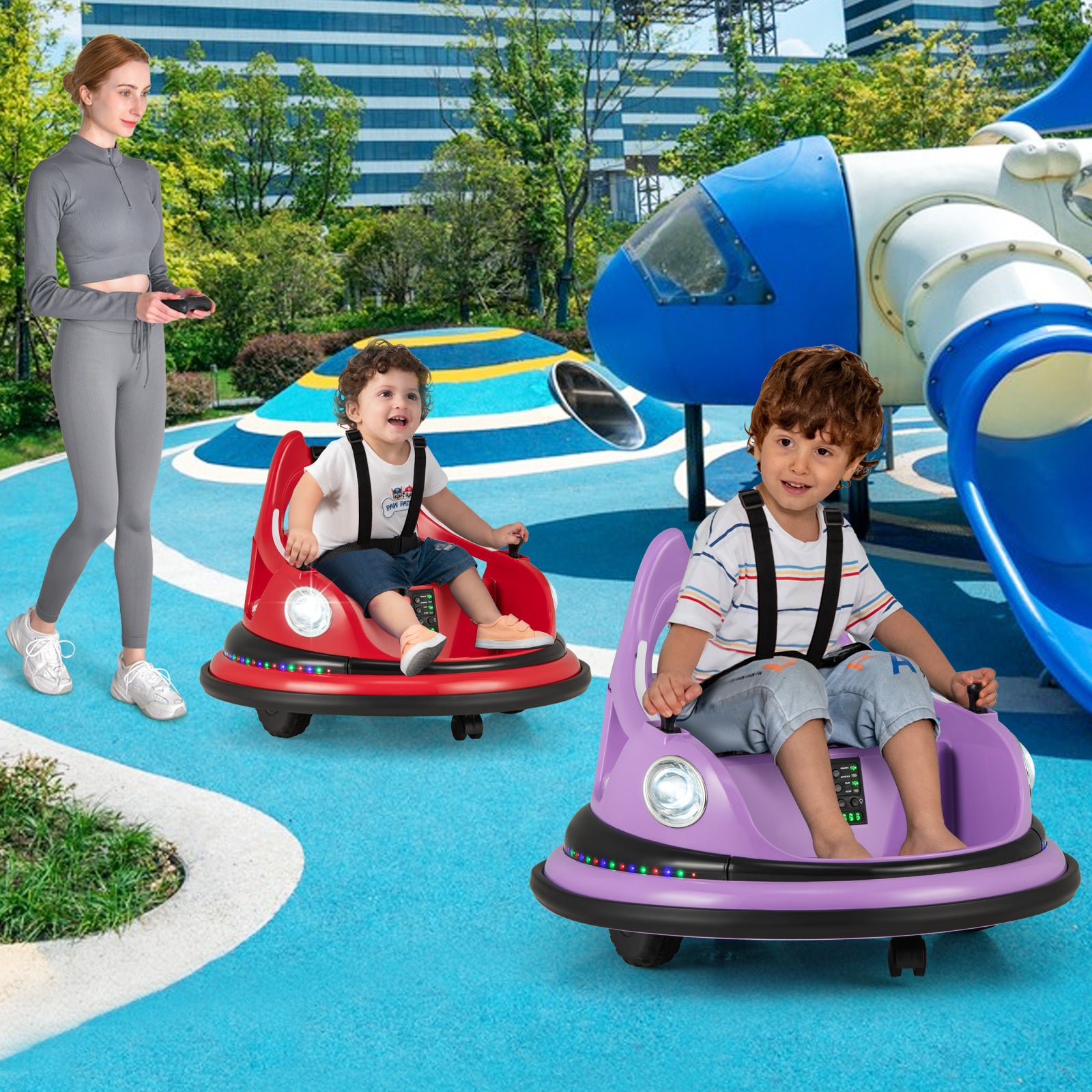 12V Kids Ride On Bumper Car with Remote Control and Dual Joysticks, Purple Powered Ride On Toys at Gallery Canada