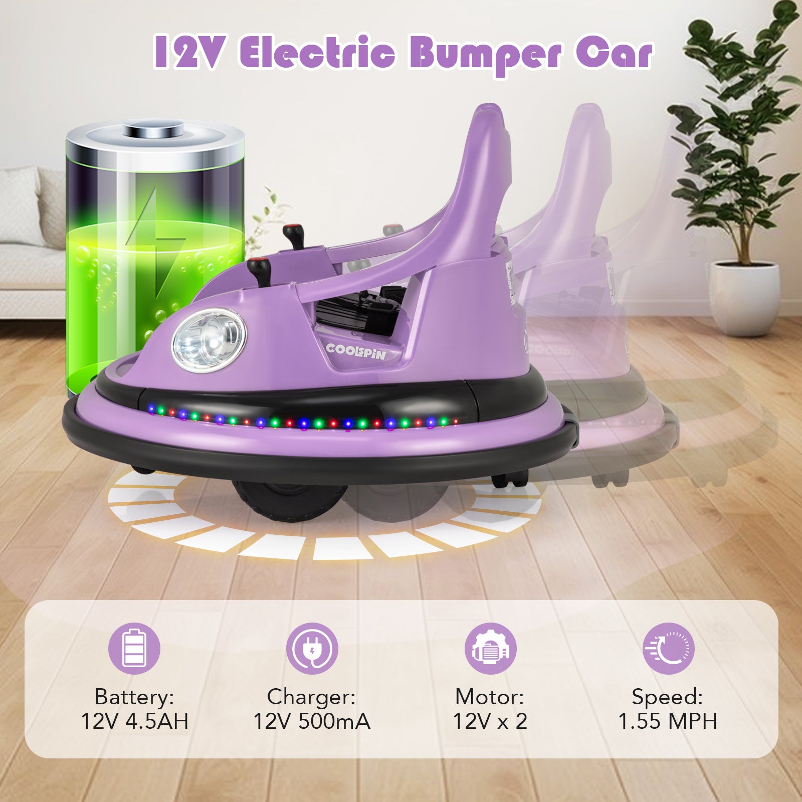 12V Kids Ride On Bumper Car with Remote Control and Dual Joysticks, Purple Powered Ride On Toys at Gallery Canada