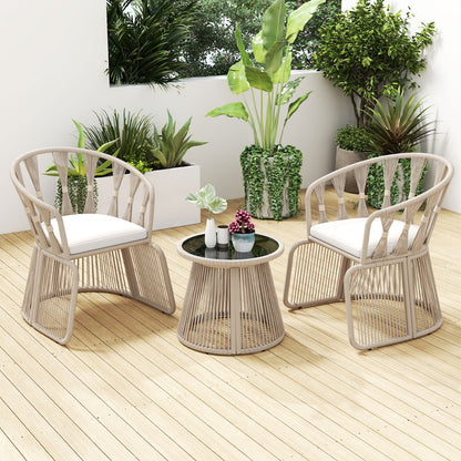 3 Pieces Patio Leisure Chair Set with Rope-Woven Armchairs and Seat Cushions, Off White Patio Conversation Sets at Gallery Canada