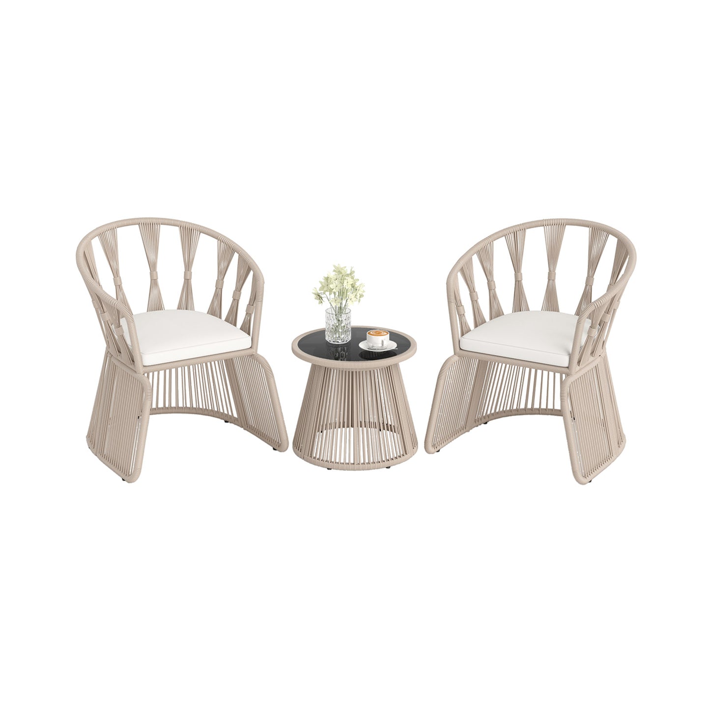3 Pieces Patio Leisure Chair Set with Rope-Woven Armchairs and Seat Cushions, Off White Patio Conversation Sets at Gallery Canada