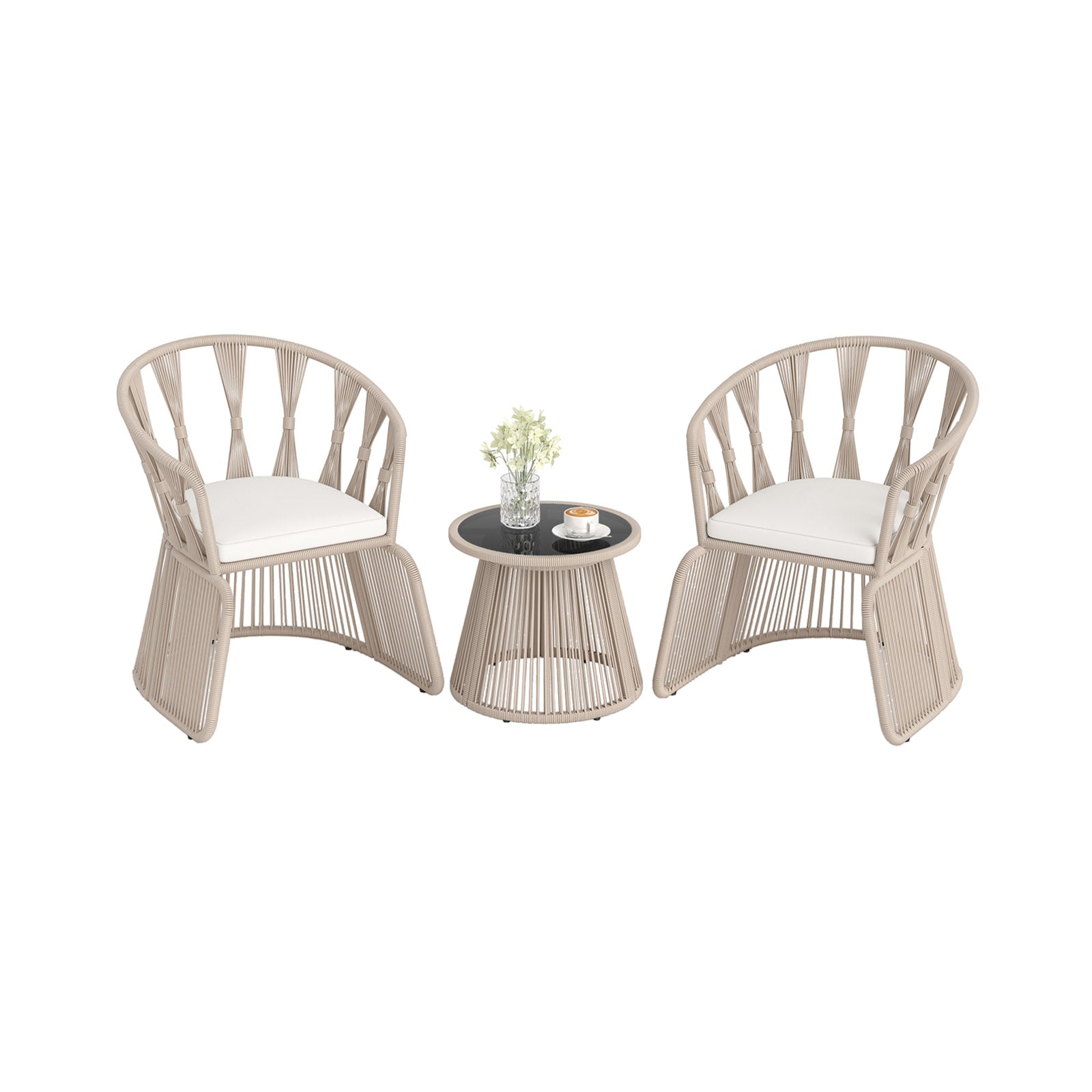 3 Pieces Patio Leisure Chair Set with Rope-Woven Armchairs and Seat Cushions, Off White Patio Conversation Sets at Gallery Canada