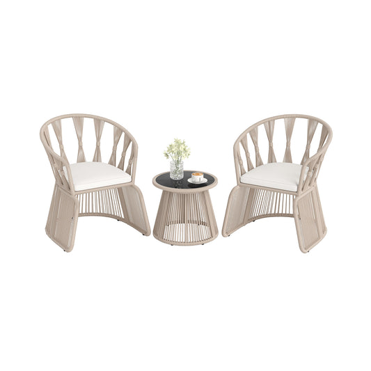 3 Pieces Patio Leisure Chair Set with Rope-Woven Armchairs and Seat Cushions, Off White Patio Conversation Sets Off White at Gallery Canada