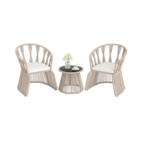 3 Pieces Patio Leisure Chair Set with Rope-Woven Armchairs and Seat Cushions, Off White