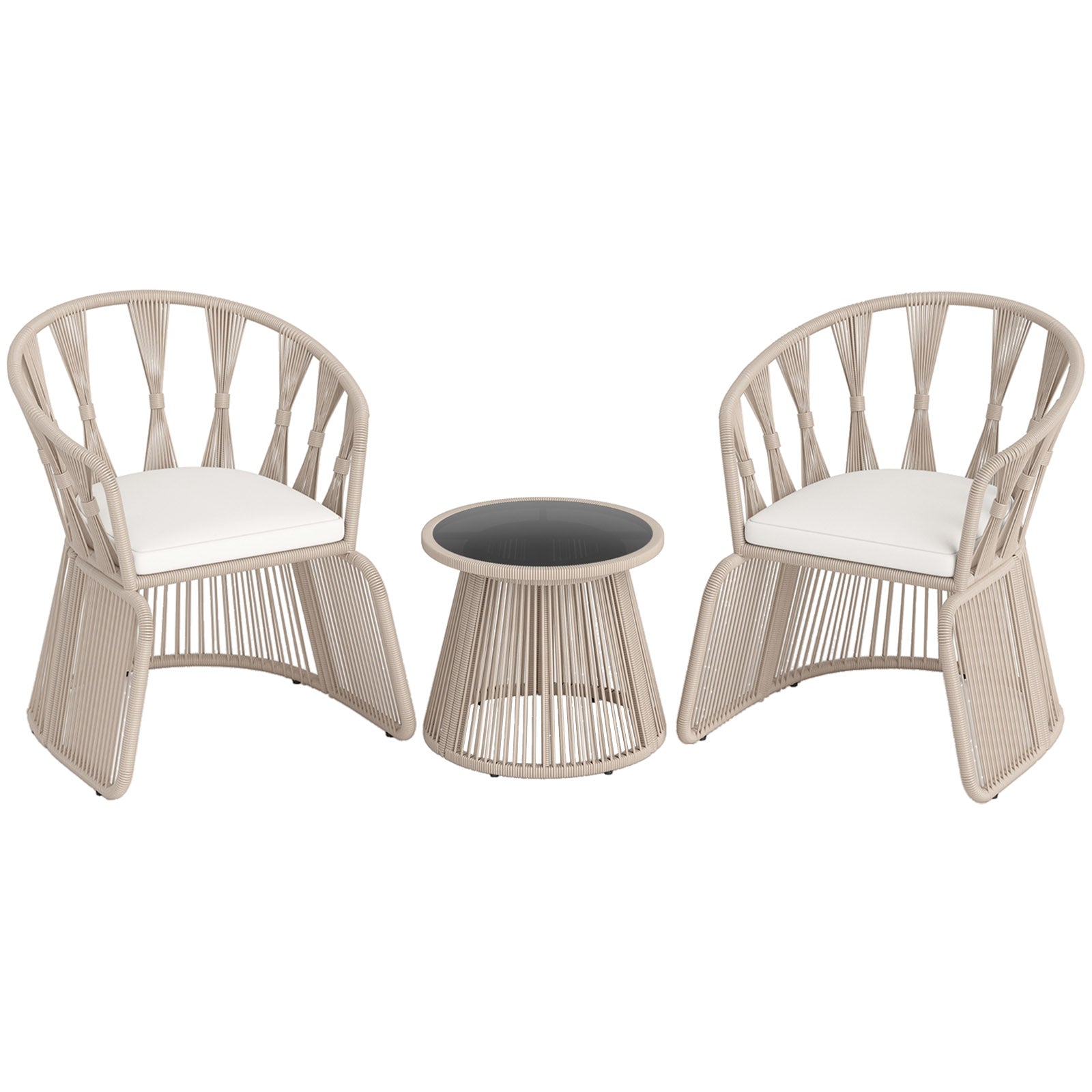 3 Pieces Patio Leisure Chair Set with Rope-Woven Armchairs and Seat Cushions, Off White Patio Conversation Sets at Gallery Canada