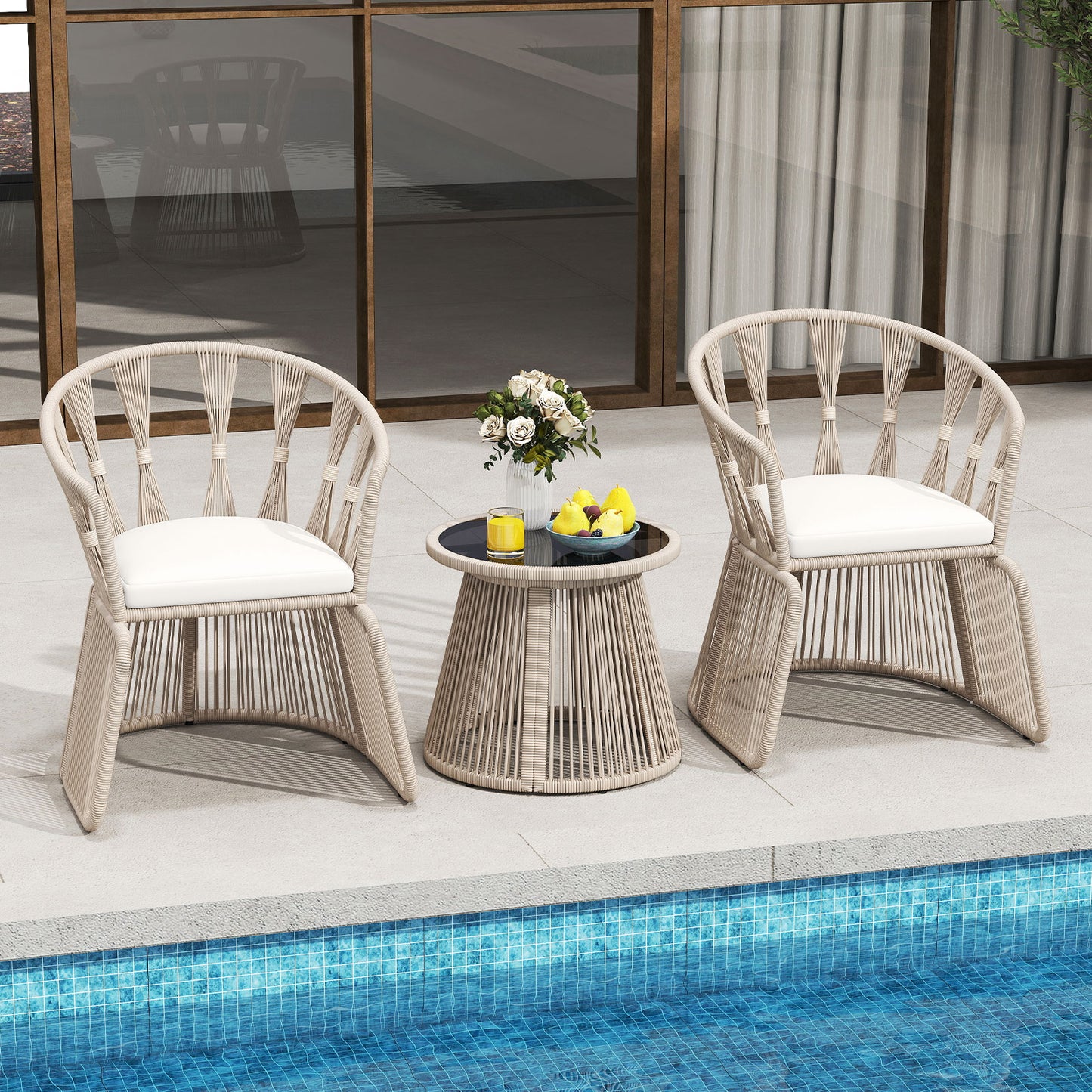 3 Pieces Patio Leisure Chair Set with Rope-Woven Armchairs and Seat Cushions, Off White Patio Conversation Sets at Gallery Canada