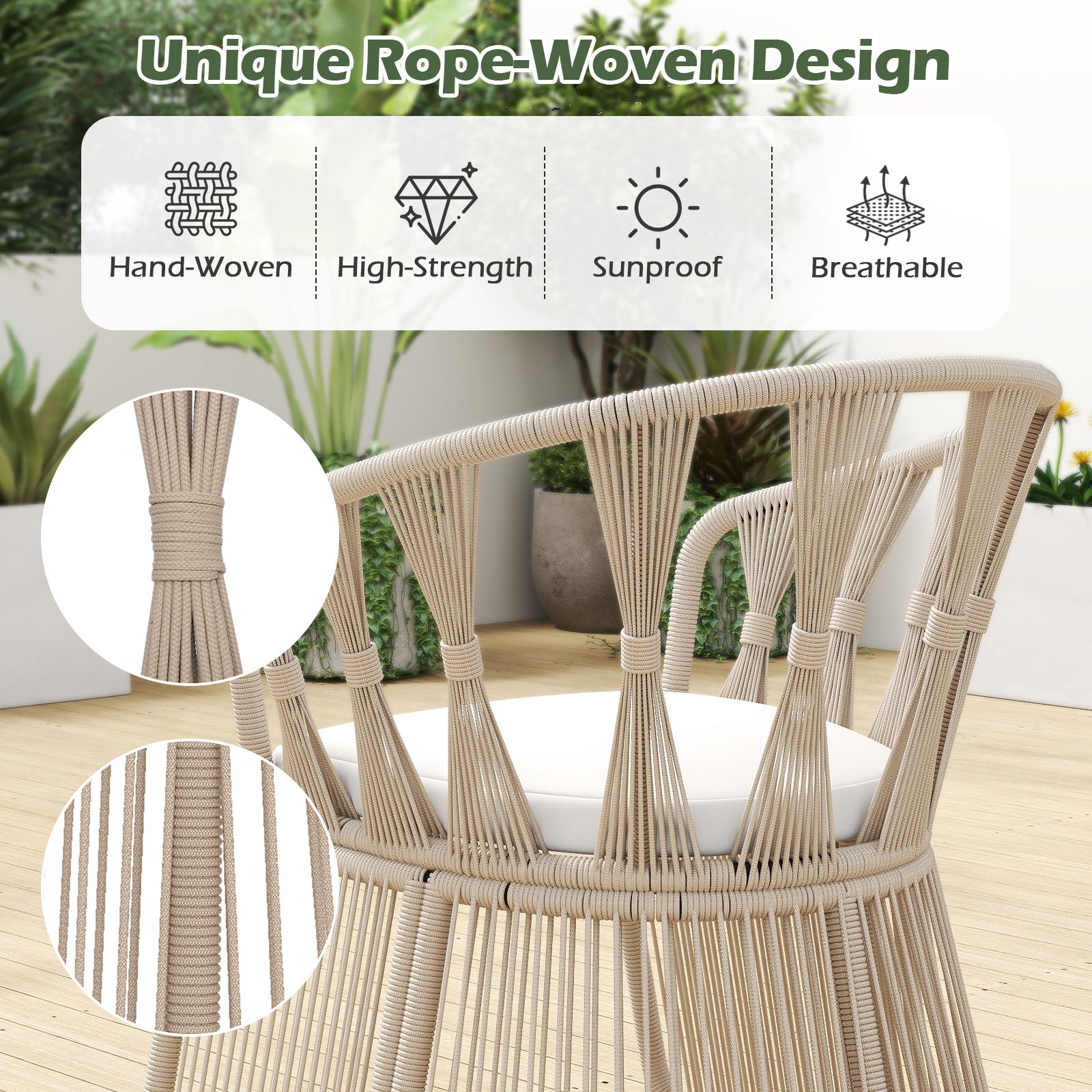 3 Pieces Patio Leisure Chair Set with Rope-Woven Armchairs and Seat Cushions, Off White Patio Conversation Sets at Gallery Canada