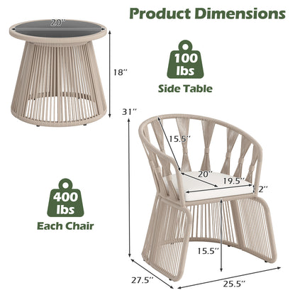 3 Pieces Patio Leisure Chair Set with Rope-Woven Armchairs and Seat Cushions, Off White Patio Conversation Sets at Gallery Canada