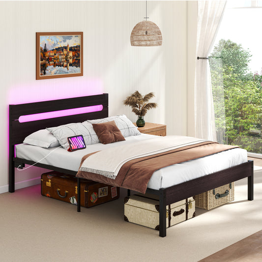 Heavy-Duty Metal Slats Support Bed Platform with Charging Station, Walnut Simple Bed Frame Rustic Brown at Gallery Canada