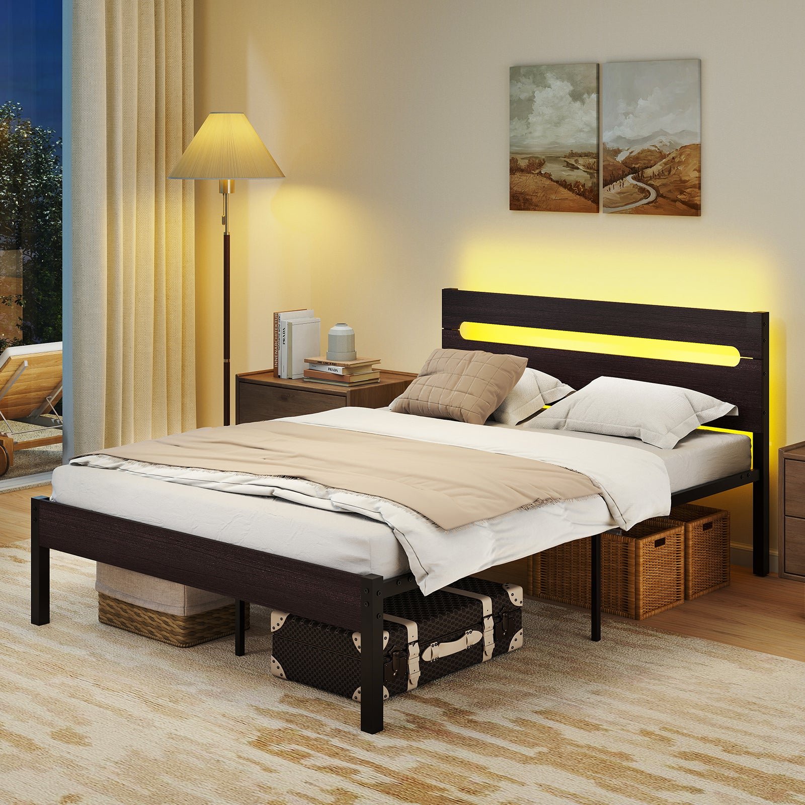 Heavy-Duty Metal Slats Support Bed Platform with Charging Station, Walnut Simple Bed Frame at Gallery Canada