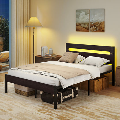 Heavy-Duty Metal Slats Support Bed Platform with Charging Station, Walnut Simple Bed Frame at Gallery Canada