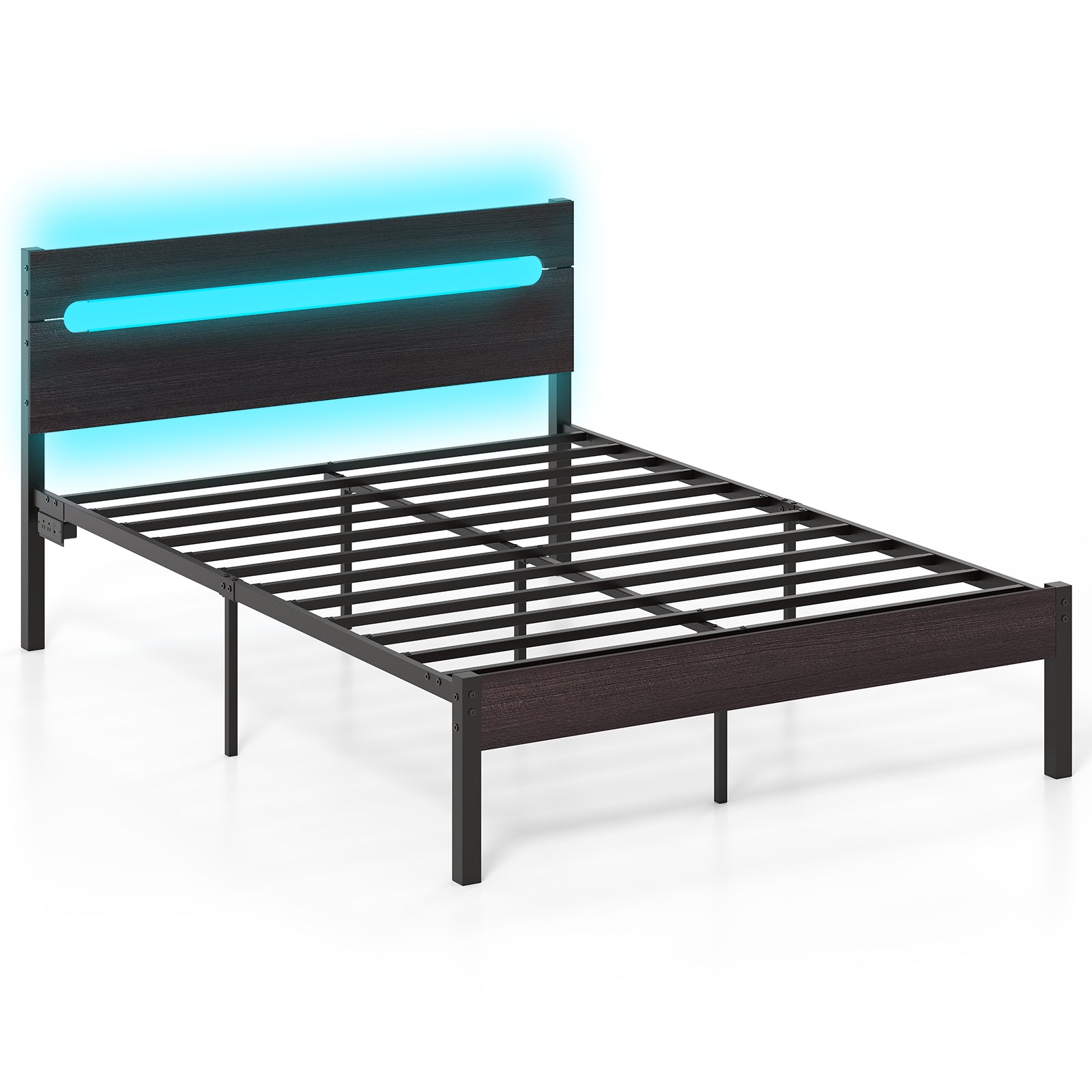 Heavy-Duty Metal Slats Support Bed Platform with Charging Station, Walnut Simple Bed Frame at Gallery Canada