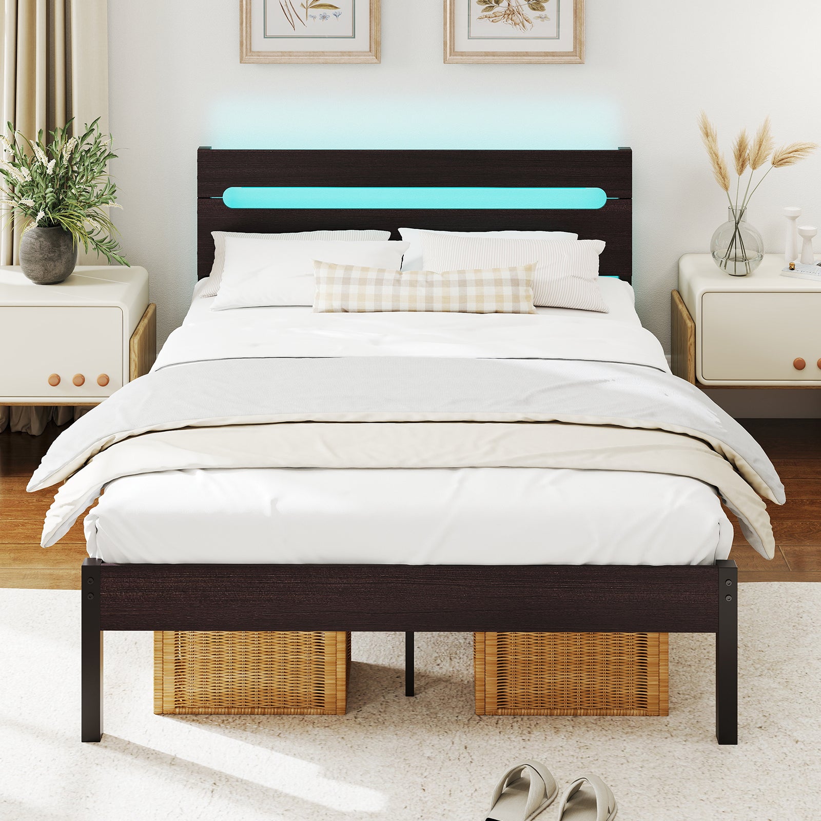 Heavy-Duty Metal Slats Support Bed Platform with Charging Station, Walnut Simple Bed Frame at Gallery Canada