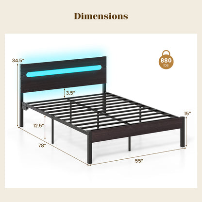 Heavy-Duty Metal Slats Support Bed Platform with Charging Station, Walnut Simple Bed Frame at Gallery Canada