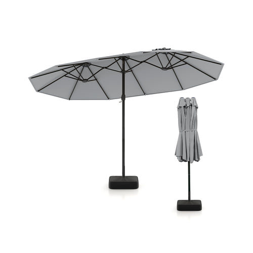 15 Feet Double-Sided Twin Patio Umbrella, Crank Base, Coffee Gray