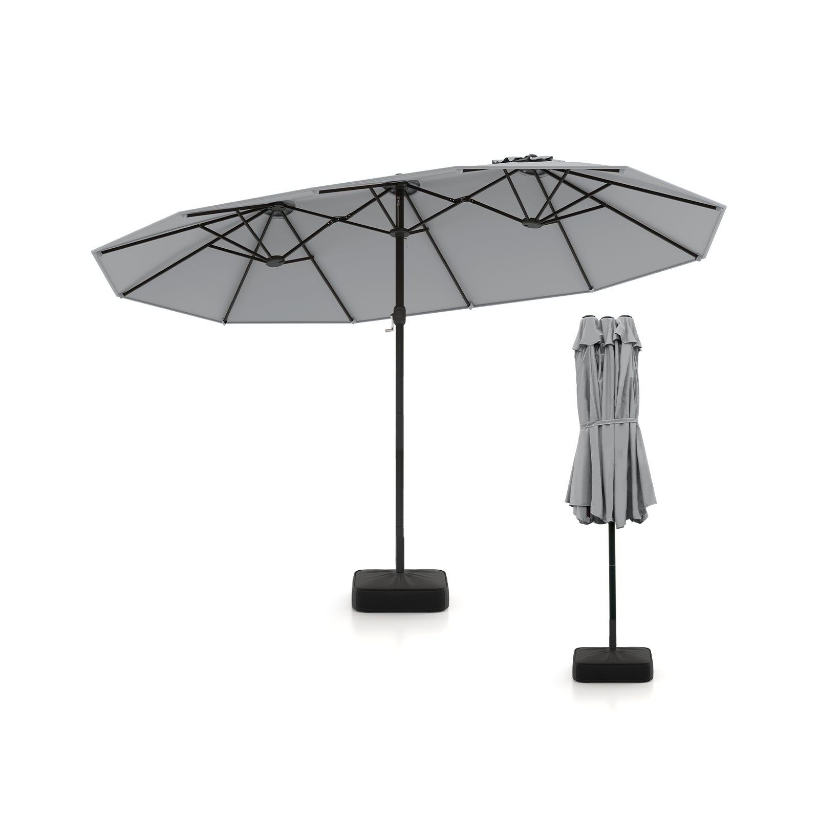 15 Feet Double-Sided Twin Patio Umbrella with Crank and Base Coffee in Outdoor Market, Gray Outdoor Umbrellas Gray at Gallery Canada