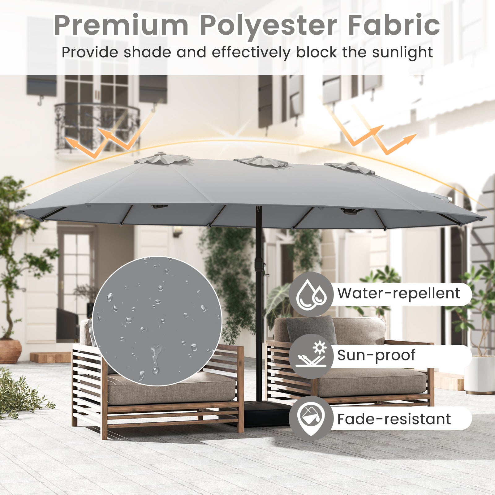 15 Feet Double-Sided Twin Patio Umbrella with Crank and Base Coffee in Outdoor Market, Gray Outdoor Umbrellas at Gallery Canada