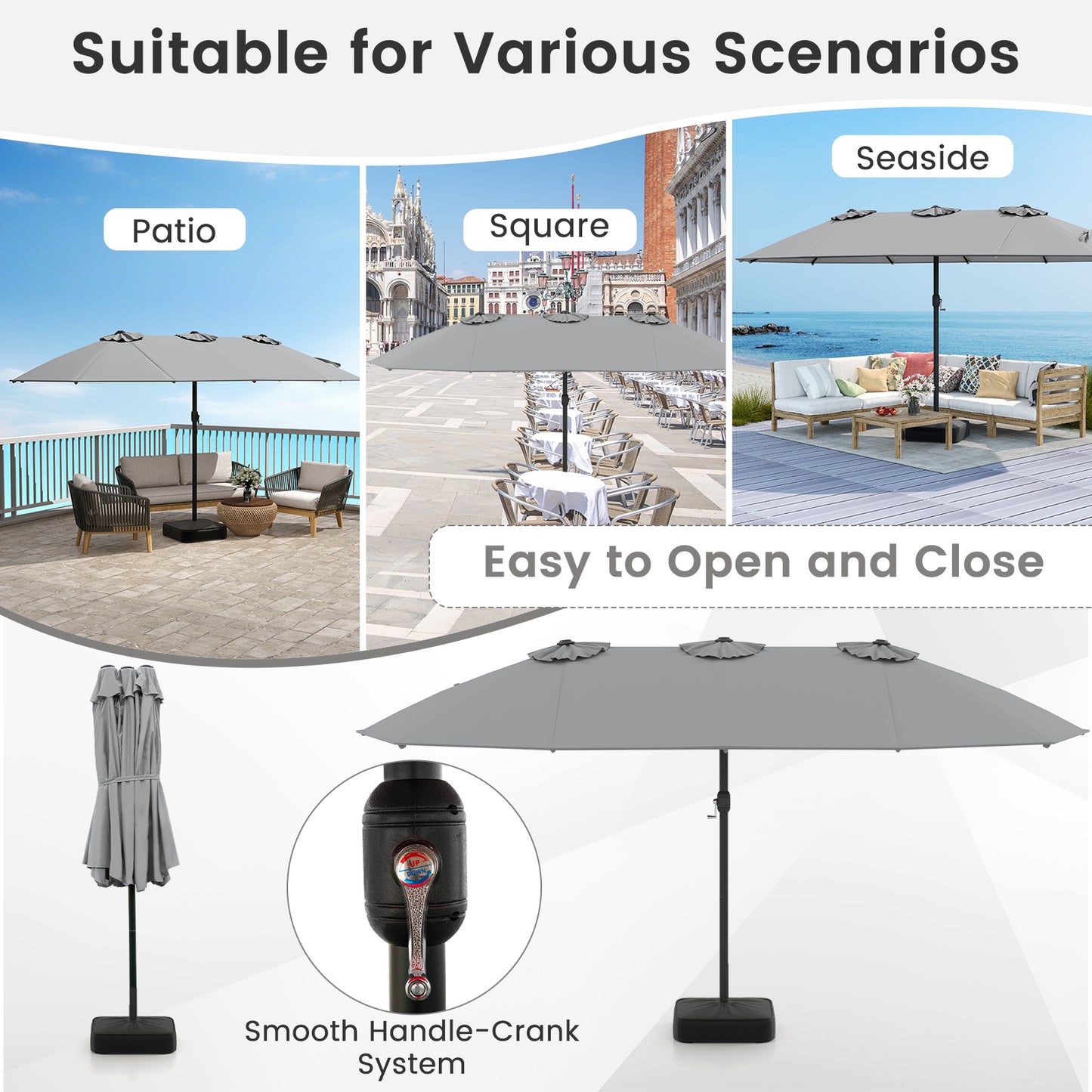 15 Feet Double-Sided Twin Patio Umbrella with Crank and Base Coffee in Outdoor Market, Gray Outdoor Umbrellas at Gallery Canada