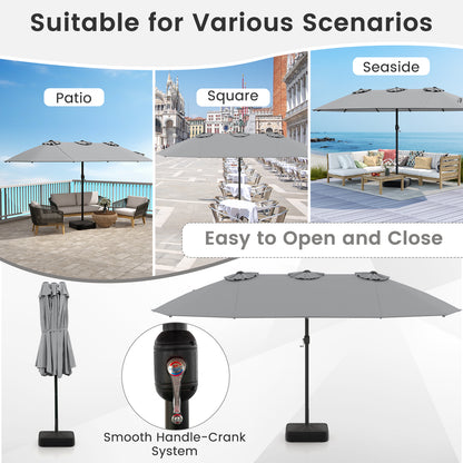 15 Feet Double-Sided Twin Patio Umbrella with Crank and Base Coffee in Outdoor Market, Gray Outdoor Umbrellas at Gallery Canada