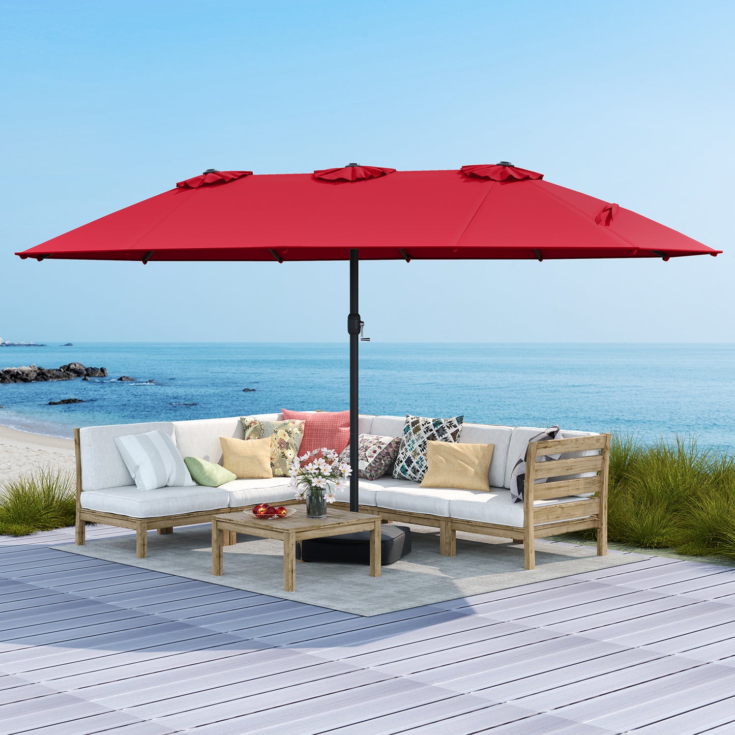 15 Feet Double-Sided Twin Patio Umbrella with Crank and Base Coffee in Outdoor Market, Red Outdoor Umbrellas at Gallery Canada