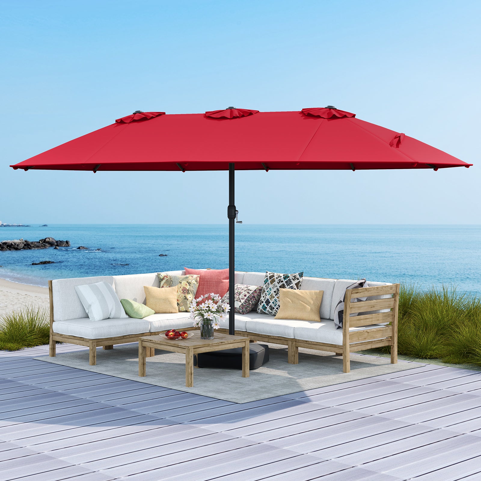 15 Feet Double-Sided Twin Patio Umbrella with Crank and Base Coffee in Outdoor Market, Red Outdoor Umbrellas at Gallery Canada