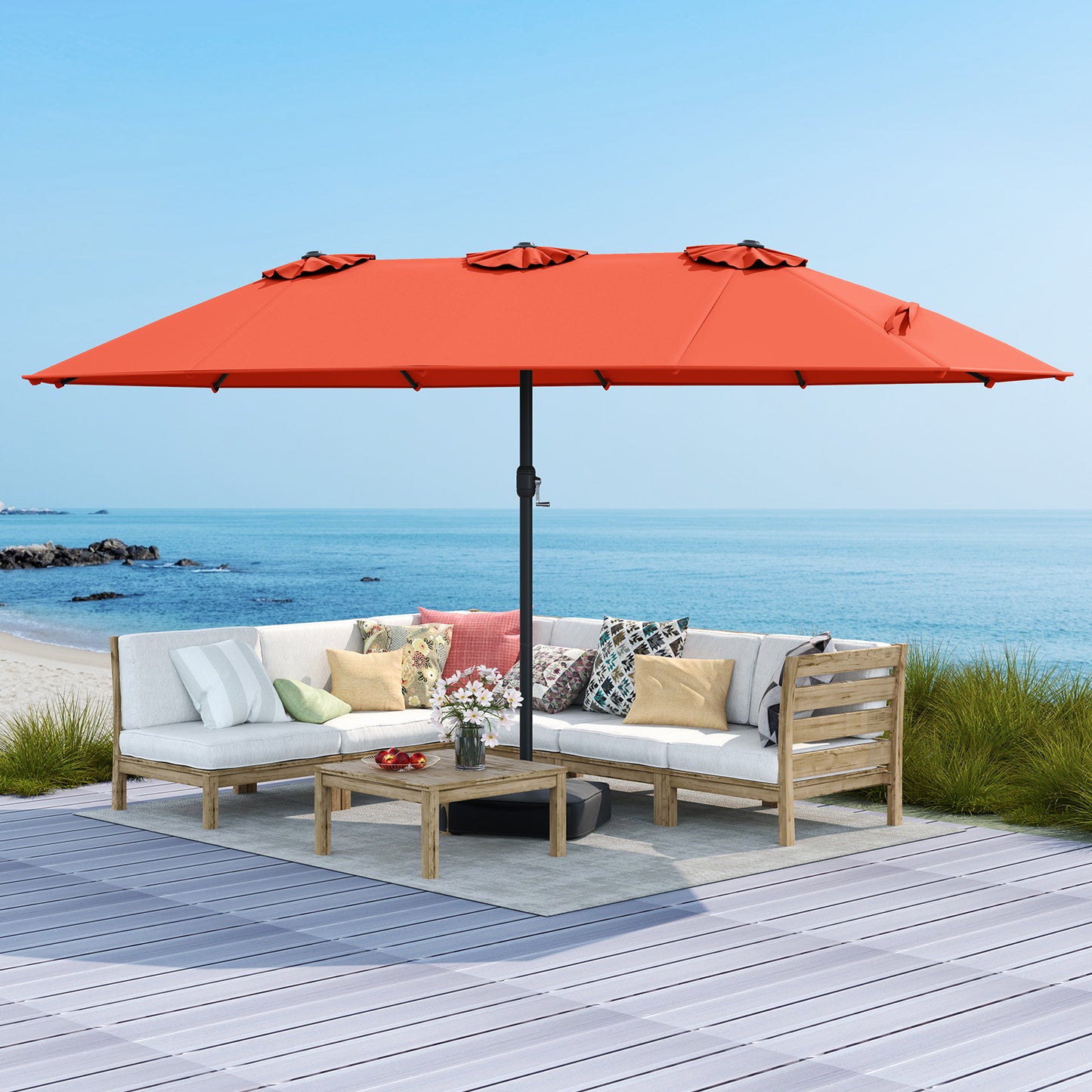15 Feet Double-Sided Twin Patio Umbrella with Crank and Base Coffee in Outdoor Market, Orange Outdoor Umbrellas at Gallery Canada