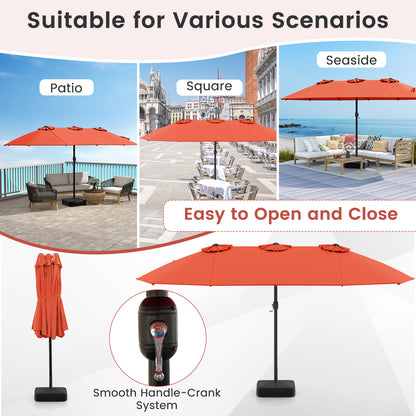 15 Feet Double-Sided Twin Patio Umbrella with Crank and Base Coffee in Outdoor Market, Orange Outdoor Umbrellas at Gallery Canada