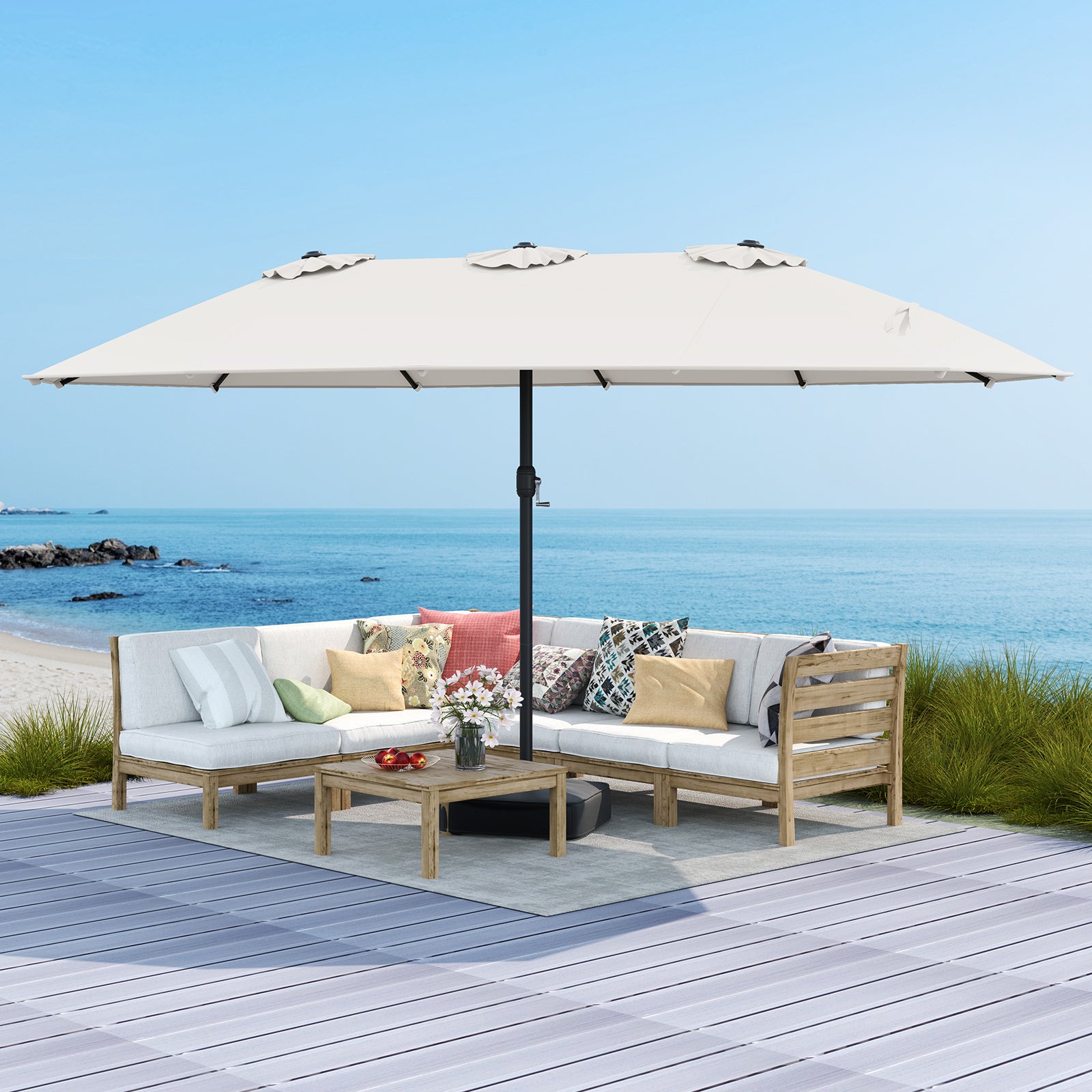 15 Feet Double-Sided Twin Patio Umbrella with Crank and Base Coffee in Outdoor Market, Beige Outdoor Umbrellas at Gallery Canada