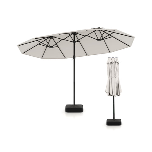 15 Feet Double-Sided Patio Umbrella, Crank And Base, Beige, Coffee