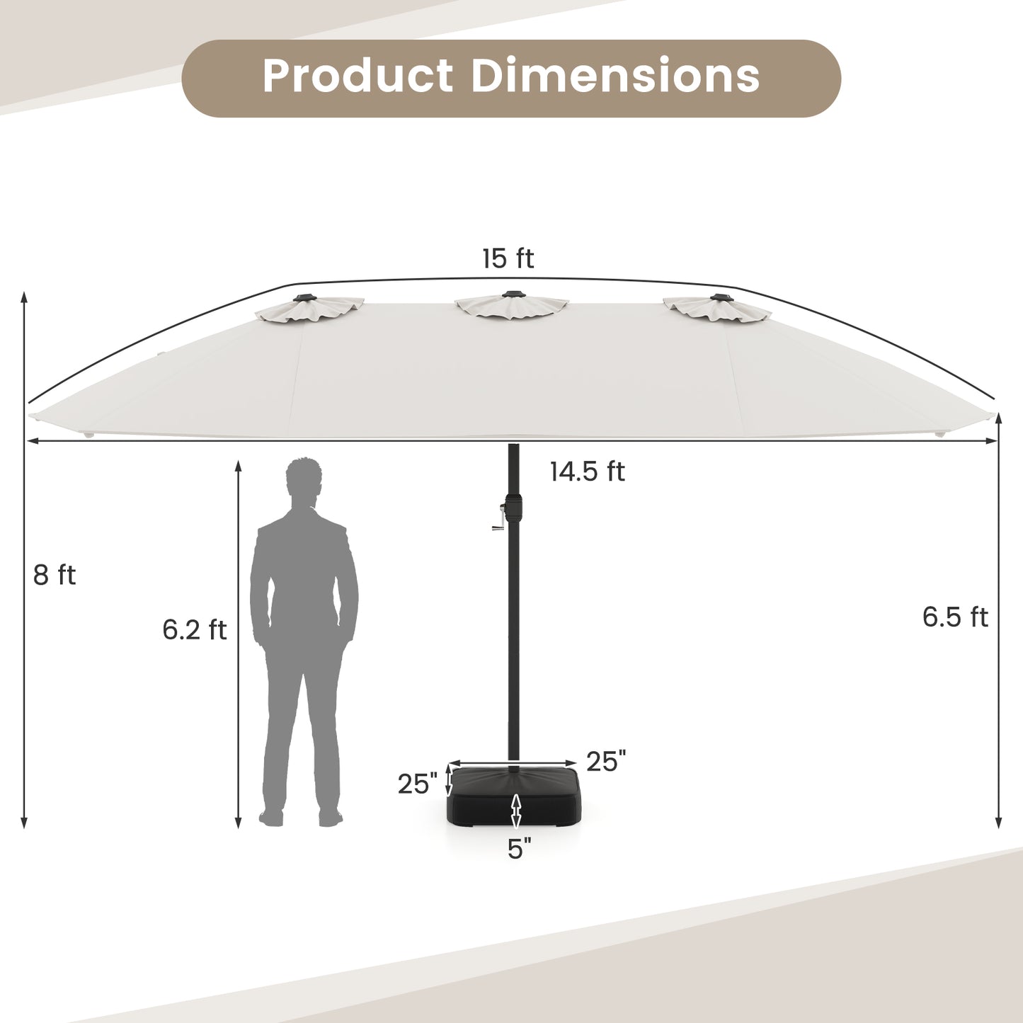 15 Feet Double-Sided Twin Patio Umbrella with Crank and Base Coffee in Outdoor Market, Beige Outdoor Umbrellas at Gallery Canada
