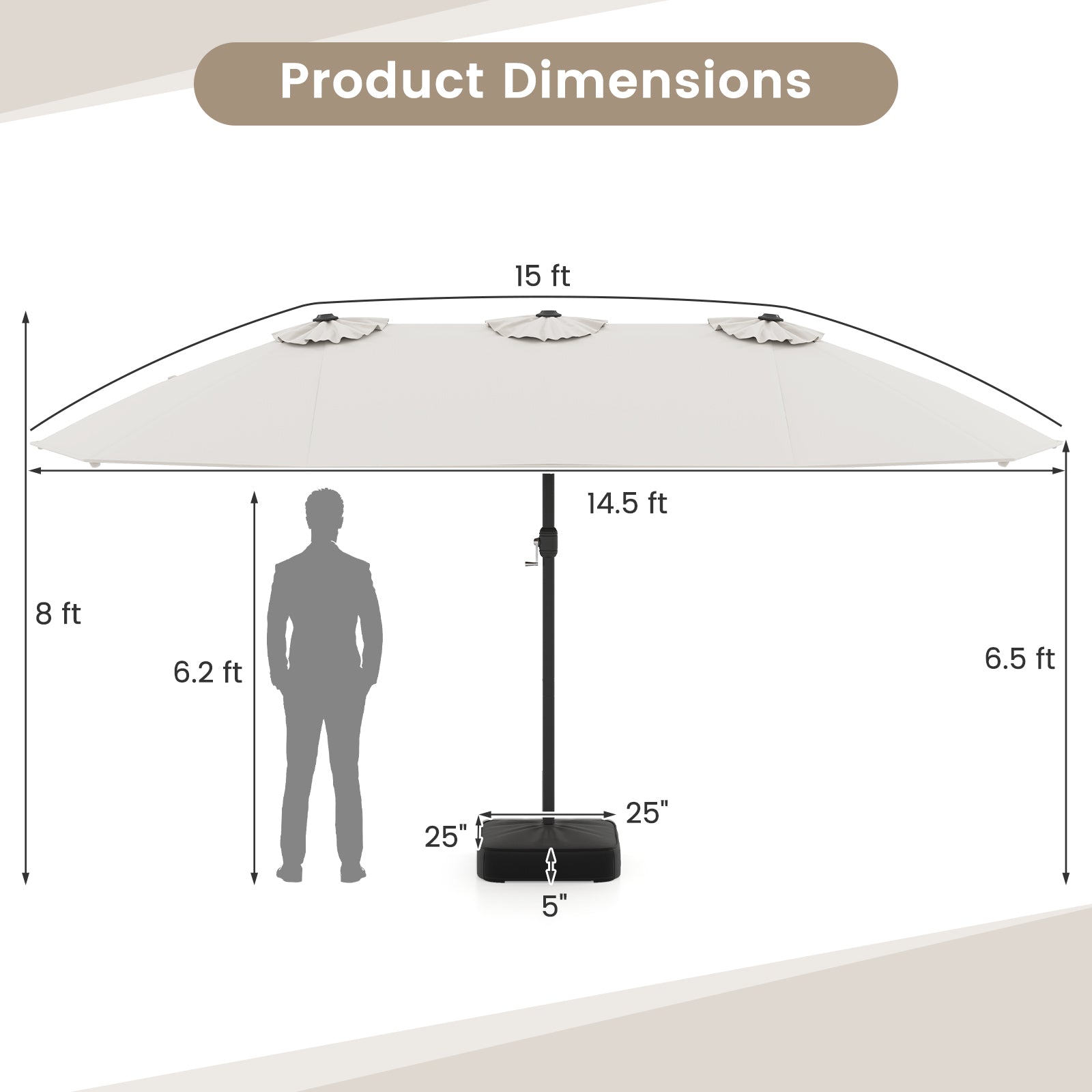 15 Feet Double-Sided Twin Patio Umbrella with Crank and Base Coffee in Outdoor Market, Beige Outdoor Umbrellas at Gallery Canada