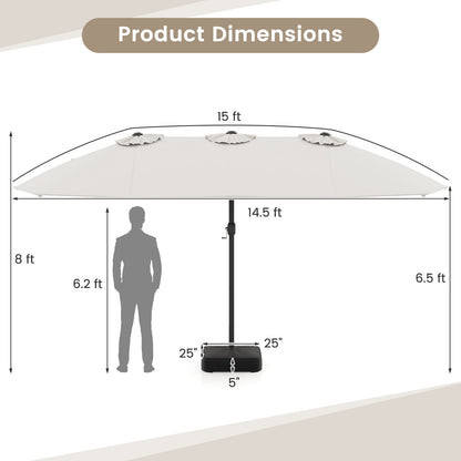 15 Feet Double-Sided Twin Patio Umbrella with Crank and Base Coffee in Outdoor Market, Beige Outdoor Umbrellas at Gallery Canada