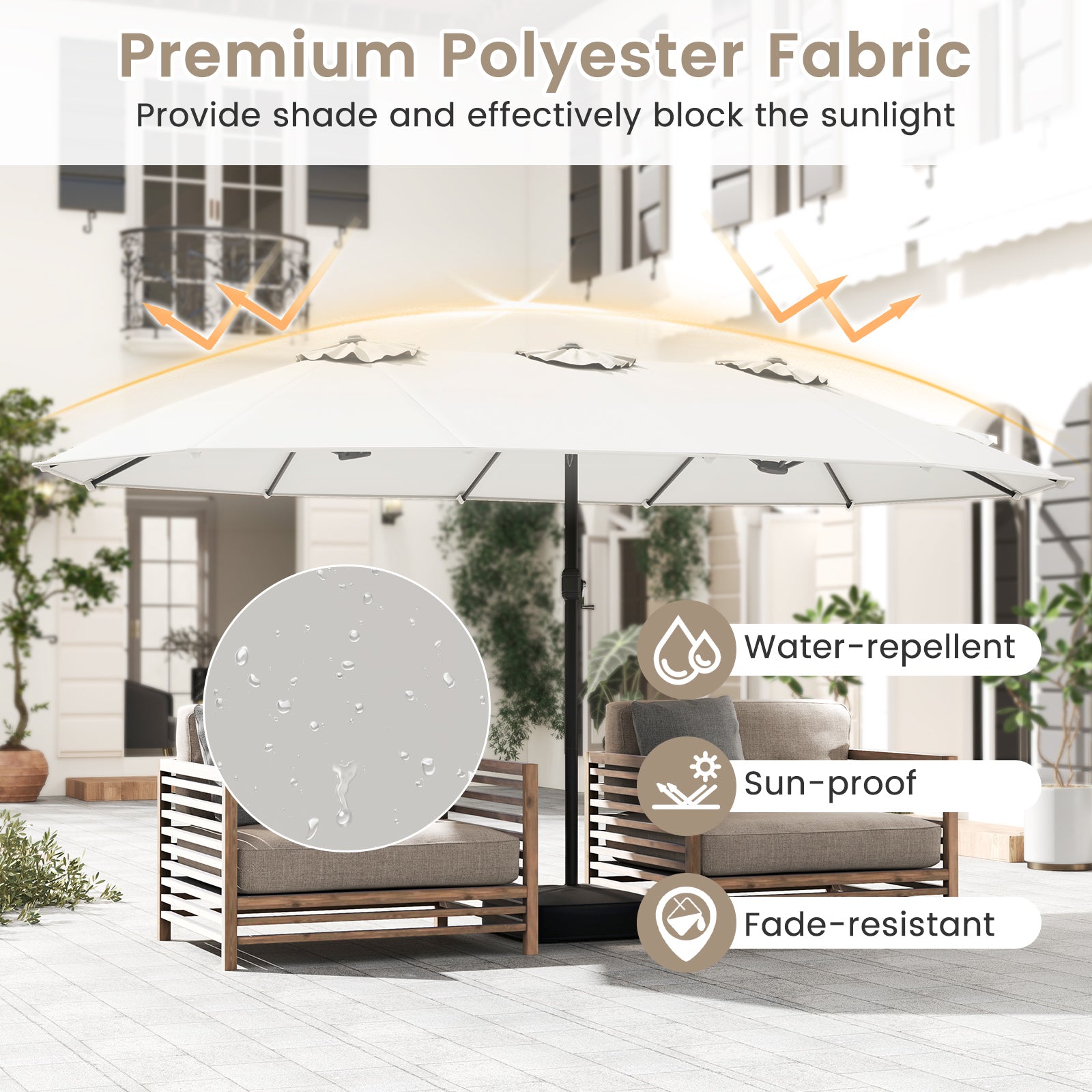 15 Feet Double-Sided Twin Patio Umbrella with Crank and Base Coffee in Outdoor Market, Beige Outdoor Umbrellas at Gallery Canada