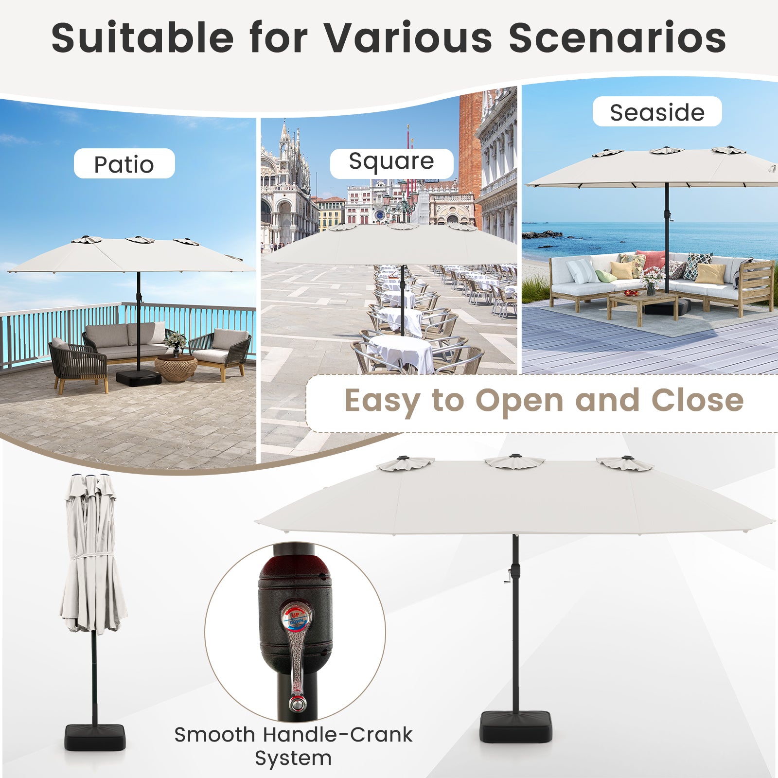 15 Feet Double-Sided Twin Patio Umbrella with Crank and Base Coffee in Outdoor Market, Beige Outdoor Umbrellas at Gallery Canada