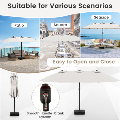 15 Feet Double-Sided Twin Patio Umbrella with Crank and Base Coffee in Outdoor Market, Beige Outdoor Umbrellas at Gallery Canada