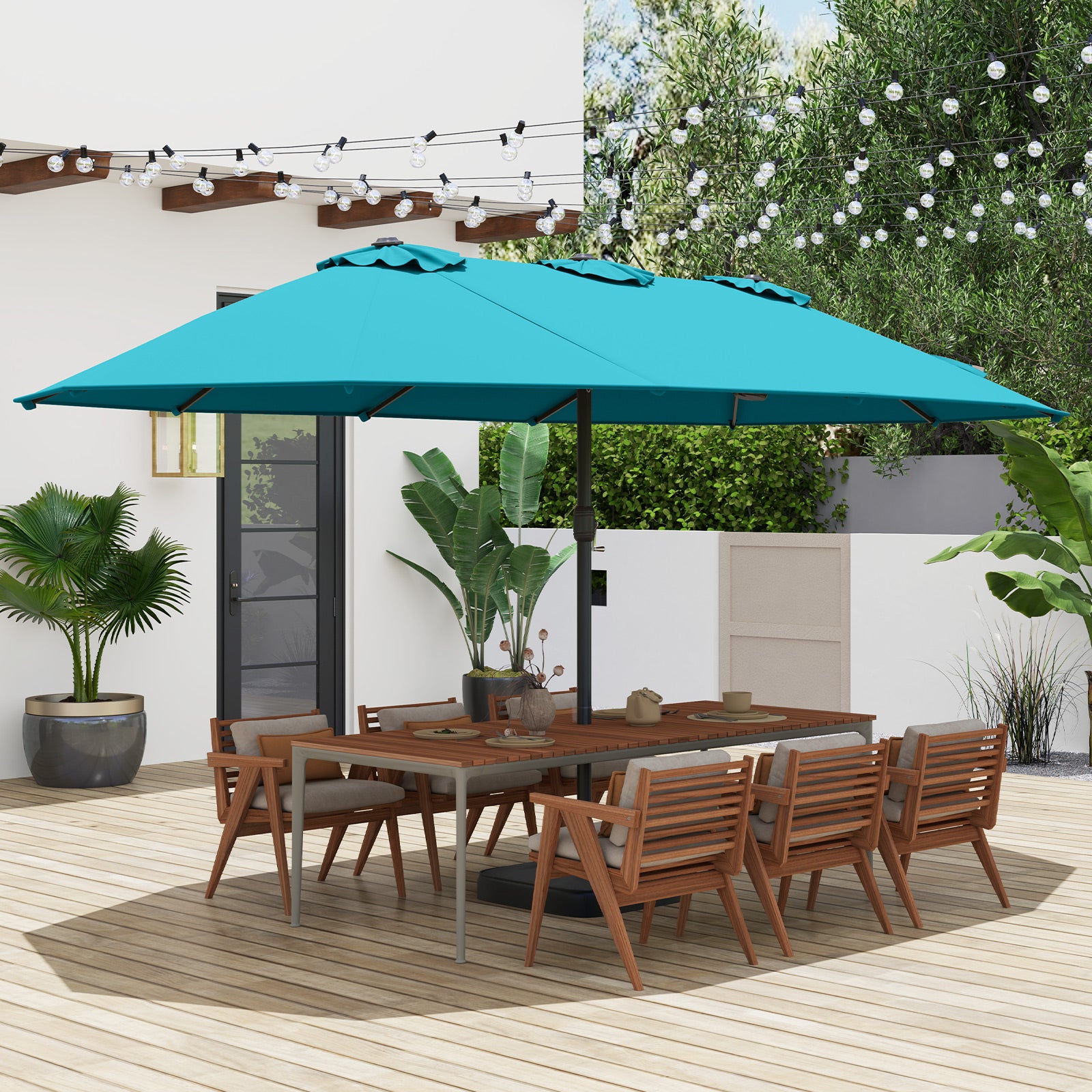 15 Feet Double-Sided Twin Patio Umbrella with Crank and Base Coffee in Outdoor Market, Turquoise Outdoor Umbrellas at Gallery Canada