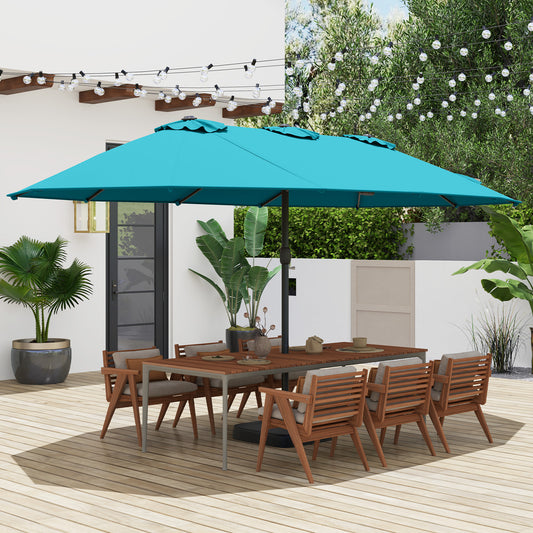 15 Feet Double-Sided Twin Patio Umbrella with Crank and Base Coffee in Outdoor Market, Turquoise Outdoor Umbrellas Turquoise at Gallery Canada